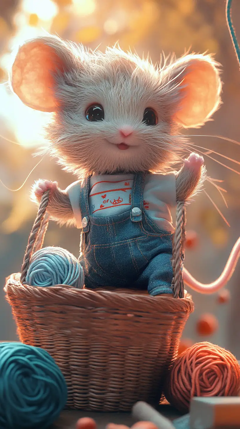 Cute mouse balancing on yarn in playful illustration
