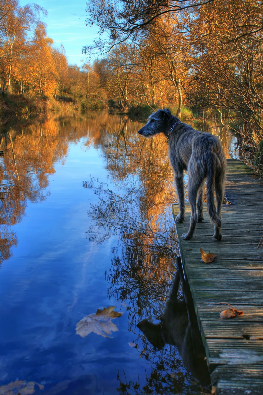 Wolfhound che osserva il suo riflesso da un ponte di legno in rovina