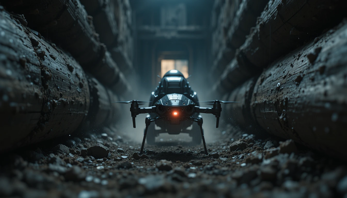 Vista macro de un dron escarabajo explorando una fortaleza de madera