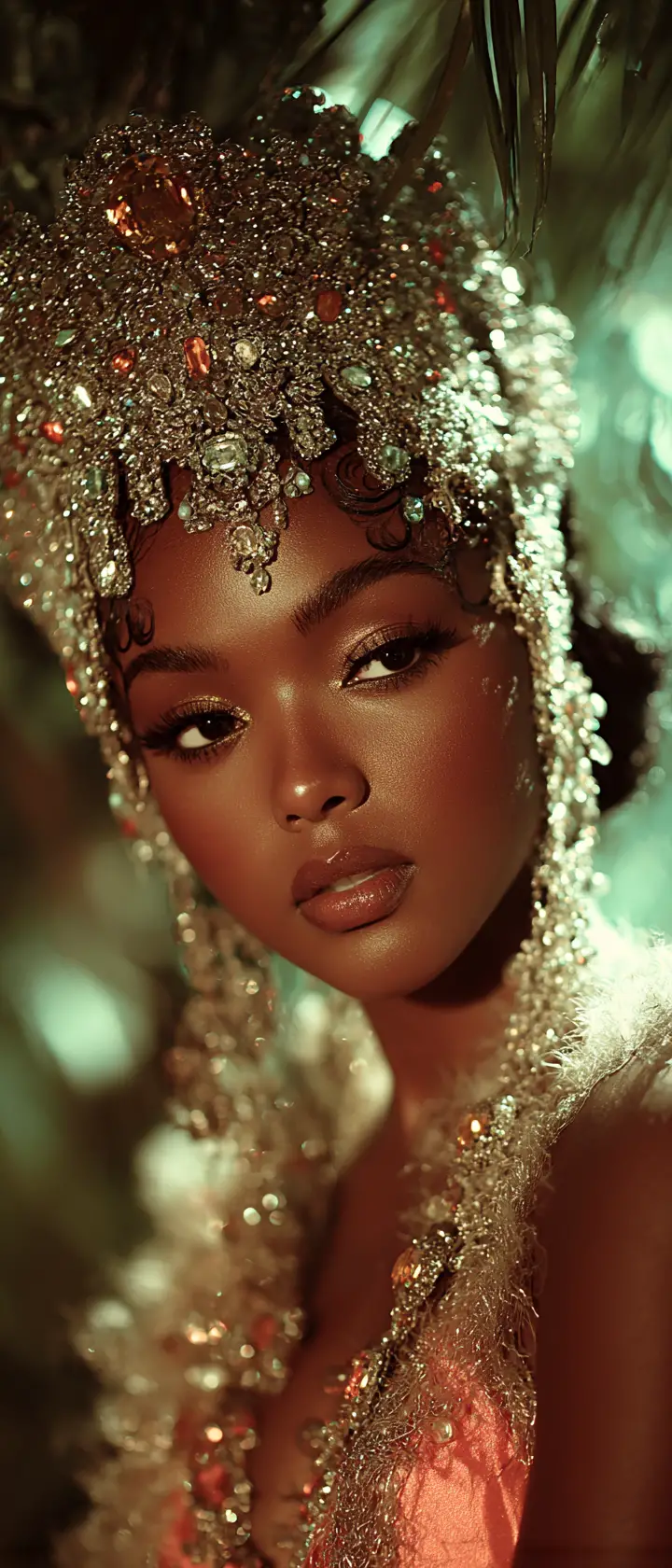 Black woman in silver headdress in a soft forest portrait