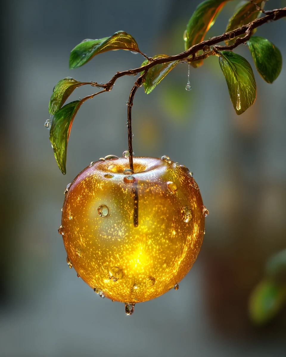Glowing apple hanging from a branch at sunrise