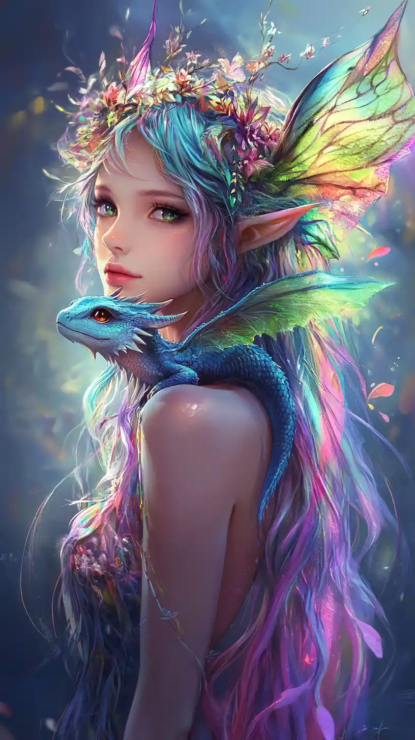 Serene anime fairy with rainbow hair and pet dragon