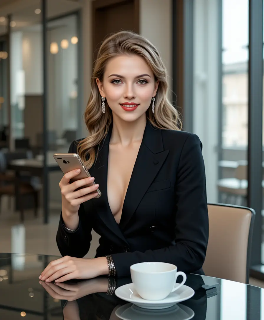 Confident woman at glass dining table in modern apartment