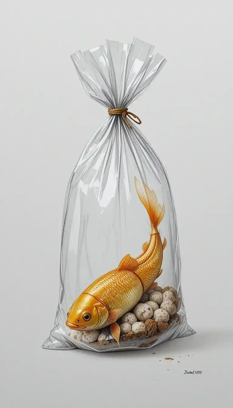 Nahaufnahme einer Bleistiftzeichnung eines Goldfischs in einer Plastiktüte