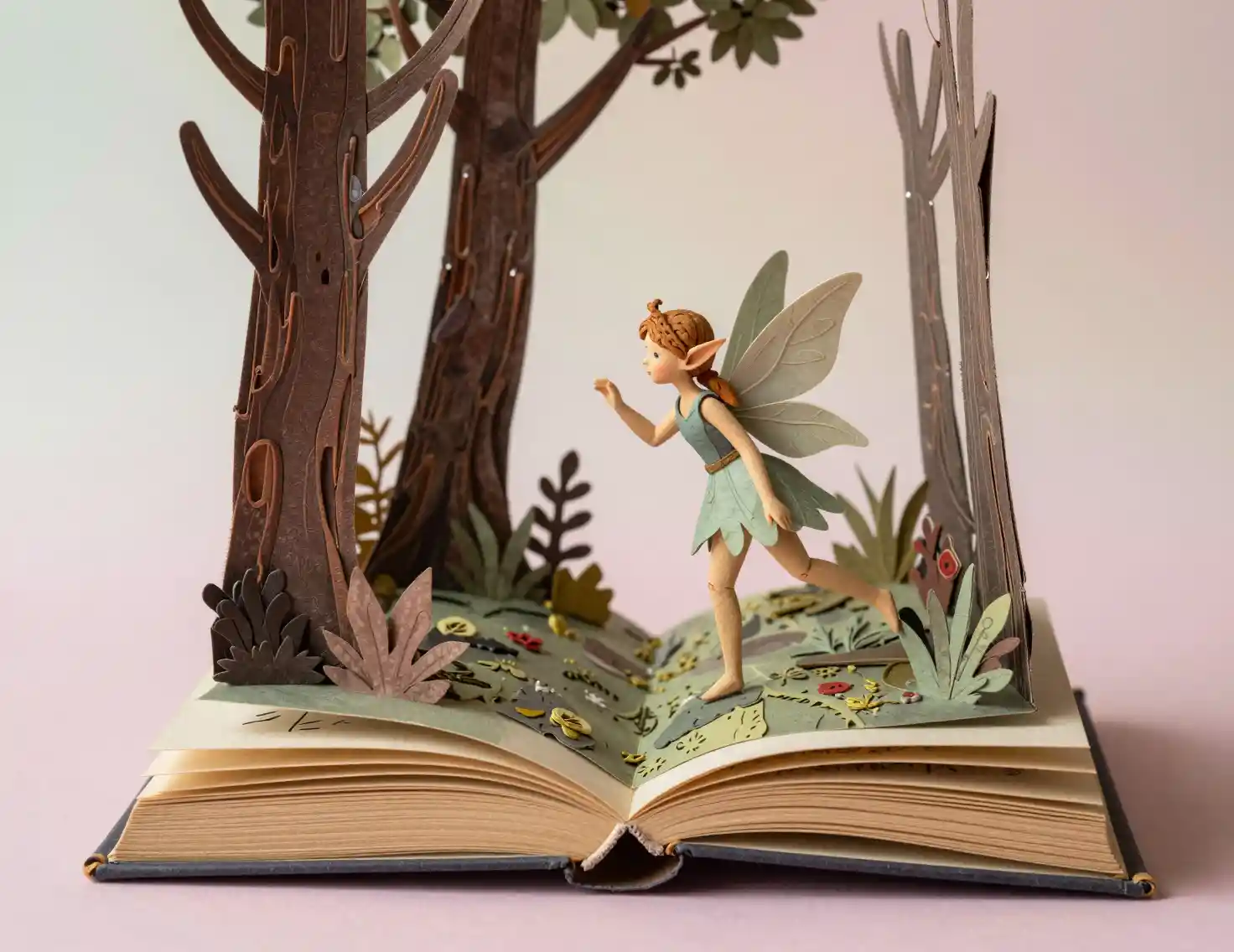 Hada Saliendo de un Libro Pop-up en una Escena de Bosque Encantado