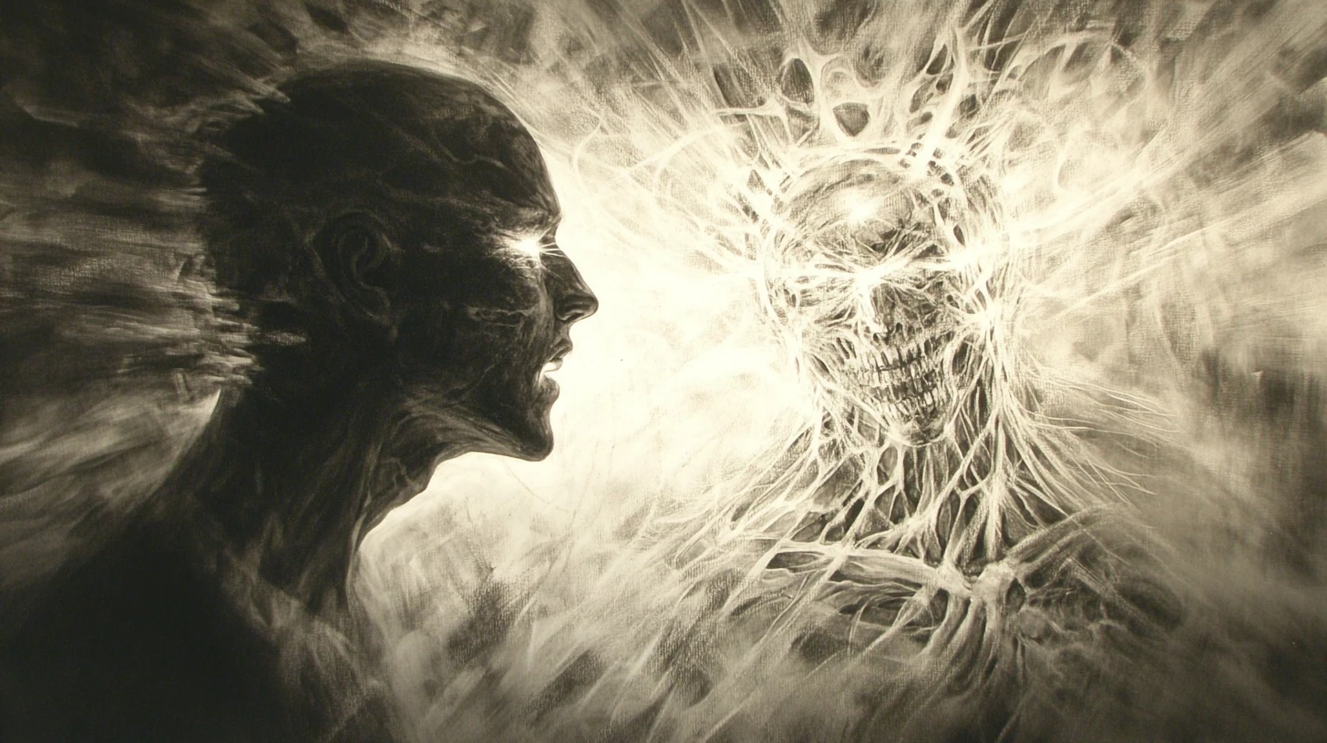 Figura surreal con ojos brillantes y caja torácica expuesta