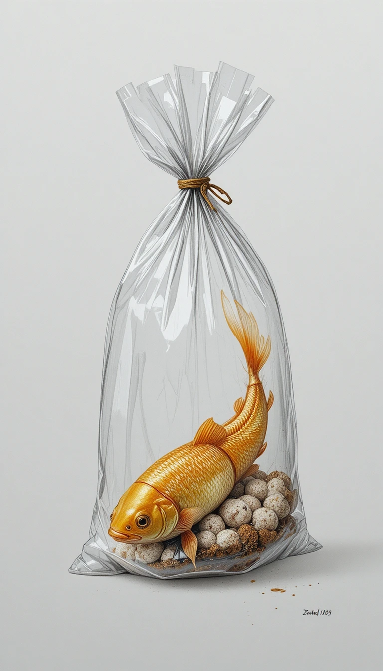 Nahaufnahme einer Bleistiftzeichnung eines Goldfischs in einer Plastiktüte