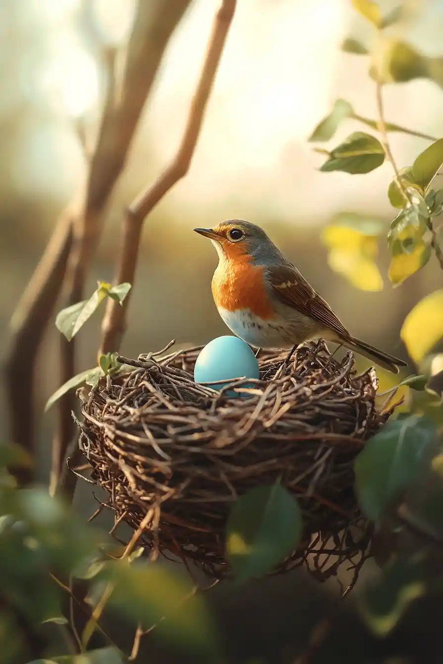 Robin Nesting With A Single Pale Blue Egg In Spring Leaves