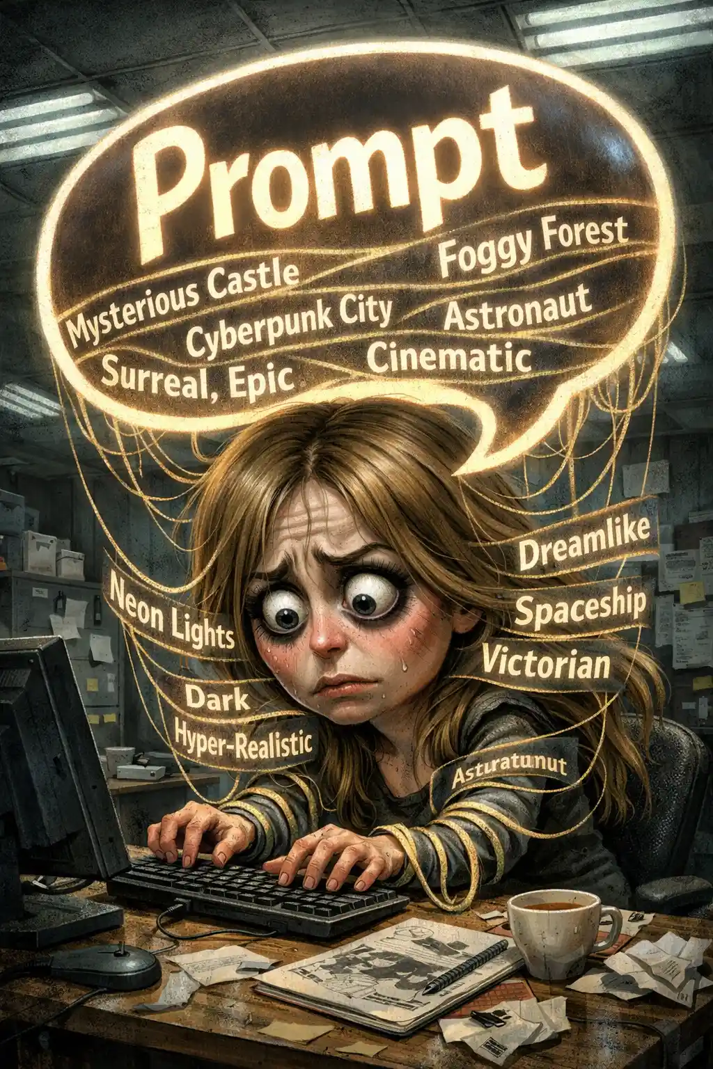 Anxious female artist under a looming prompt bubble