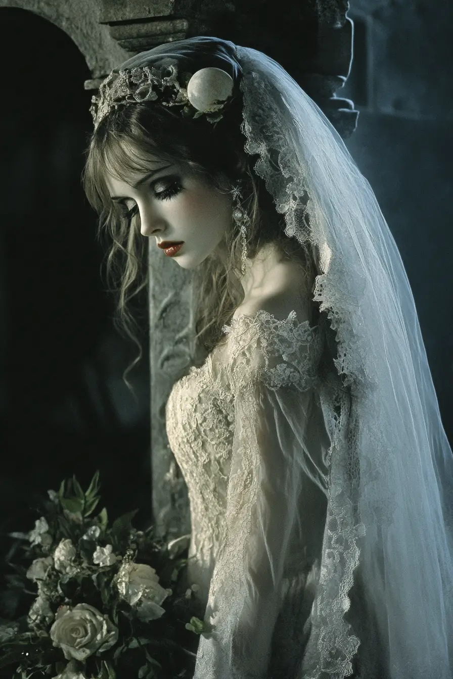 Novia andrajosa que espera sola en un cementerio embrujado