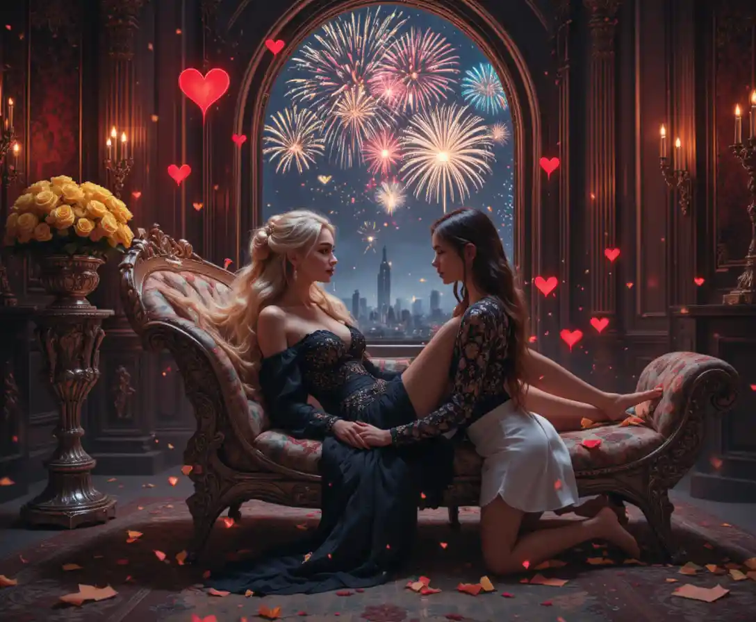 Romantic women on chaise lounge in ornate candlelit room