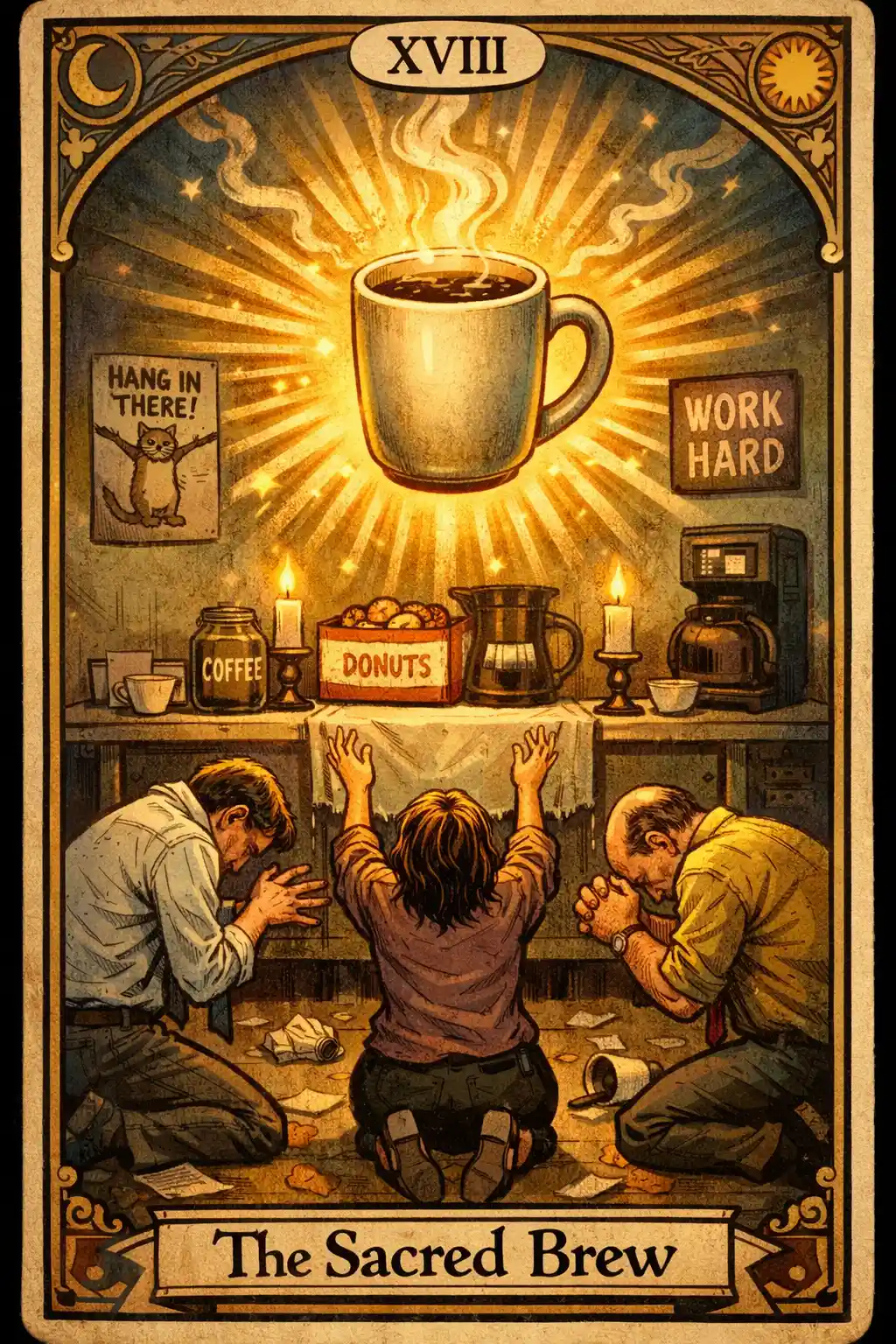 Divertida carta de tarot con altar de café resplandeciente en la sala de descanso