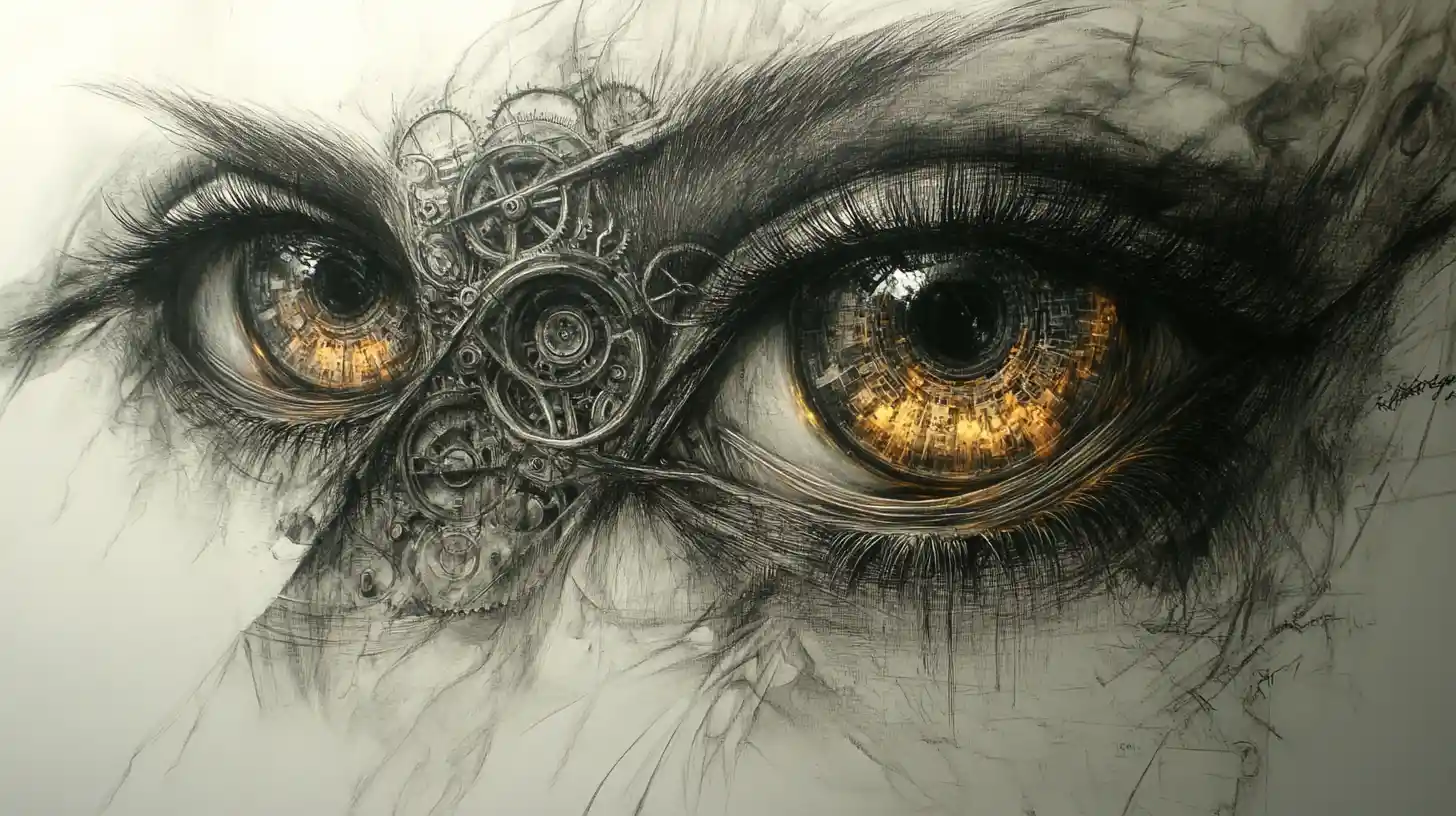Surreal close up of clockwork abstract eyes in charcoal