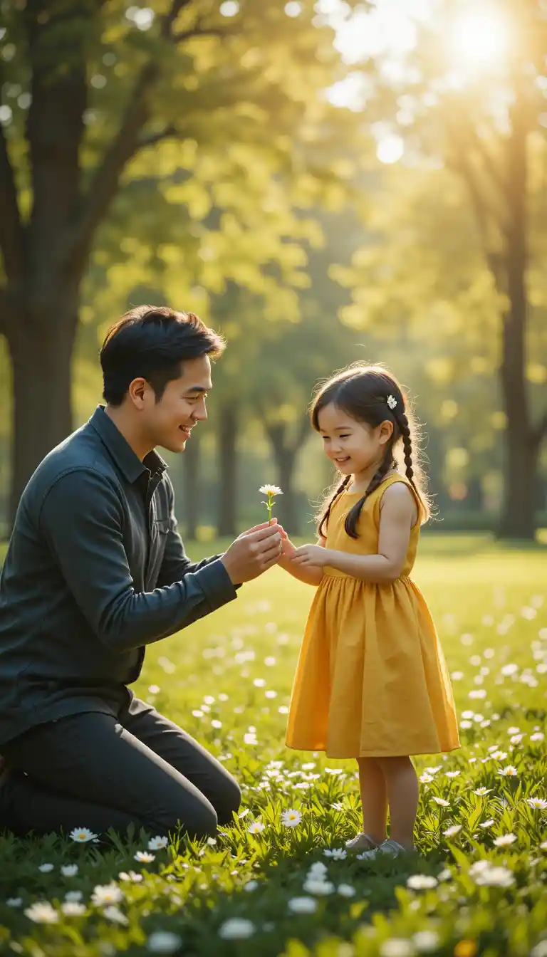 Uomo che dona una margherita a una bambina sorridente in un parco soleggiato