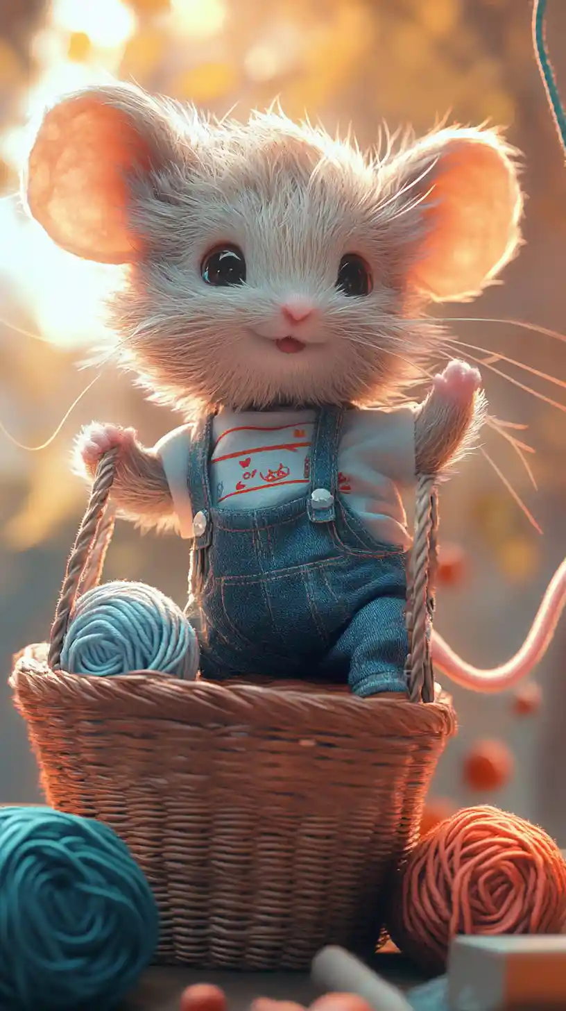 Cute mouse balancing on yarn in playful illustration