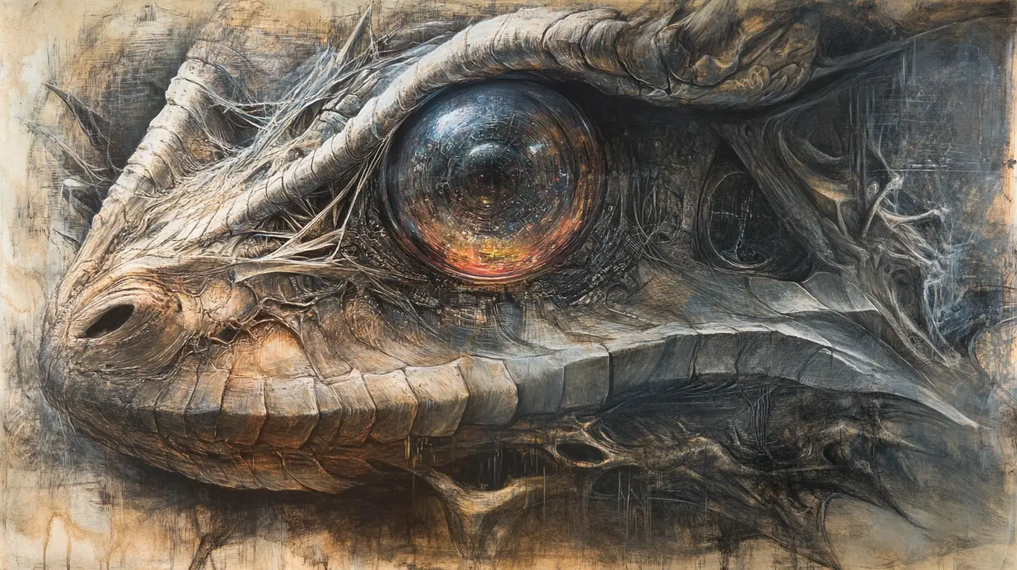 Close up serpent eyes in abstract mixed media drawing