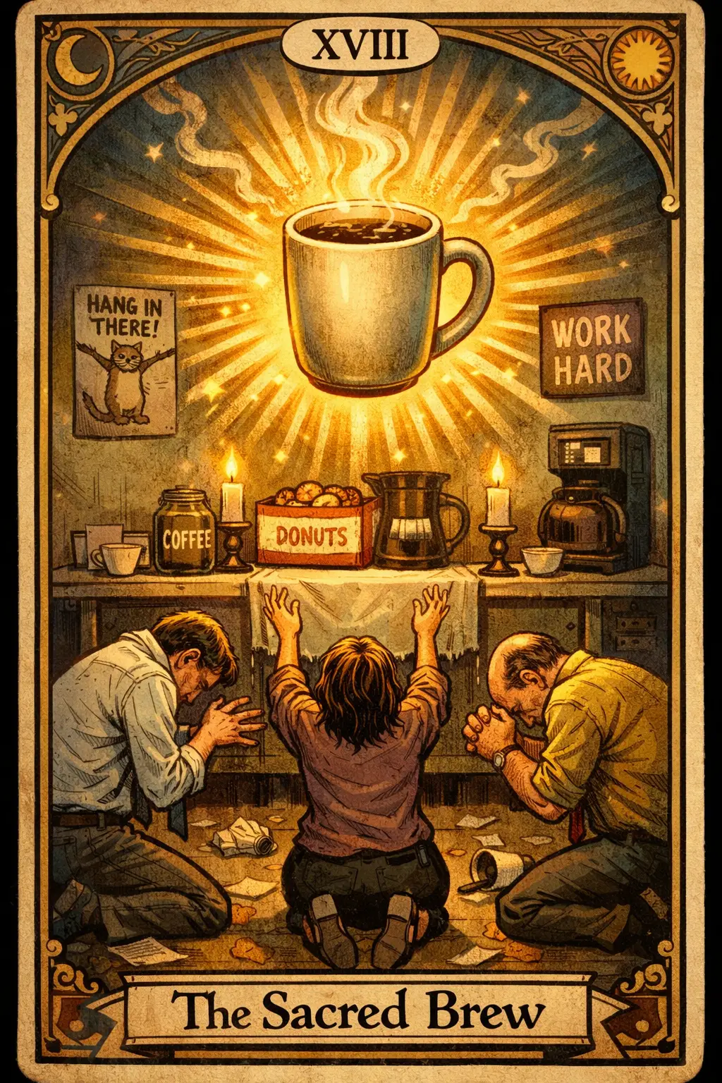 Divertida carta de tarot con altar de café resplandeciente en la sala de descanso