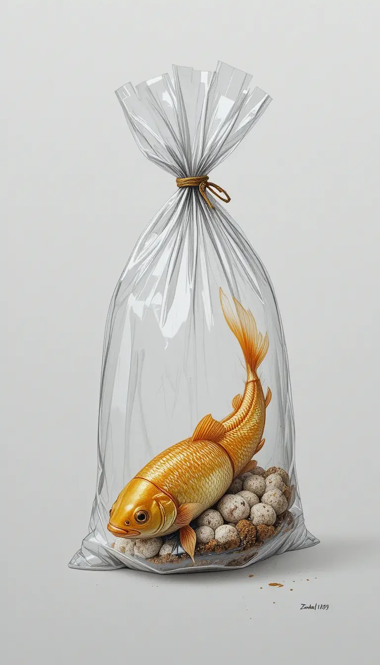 Nahaufnahme einer Bleistiftzeichnung eines Goldfischs in einer Plastiktüte