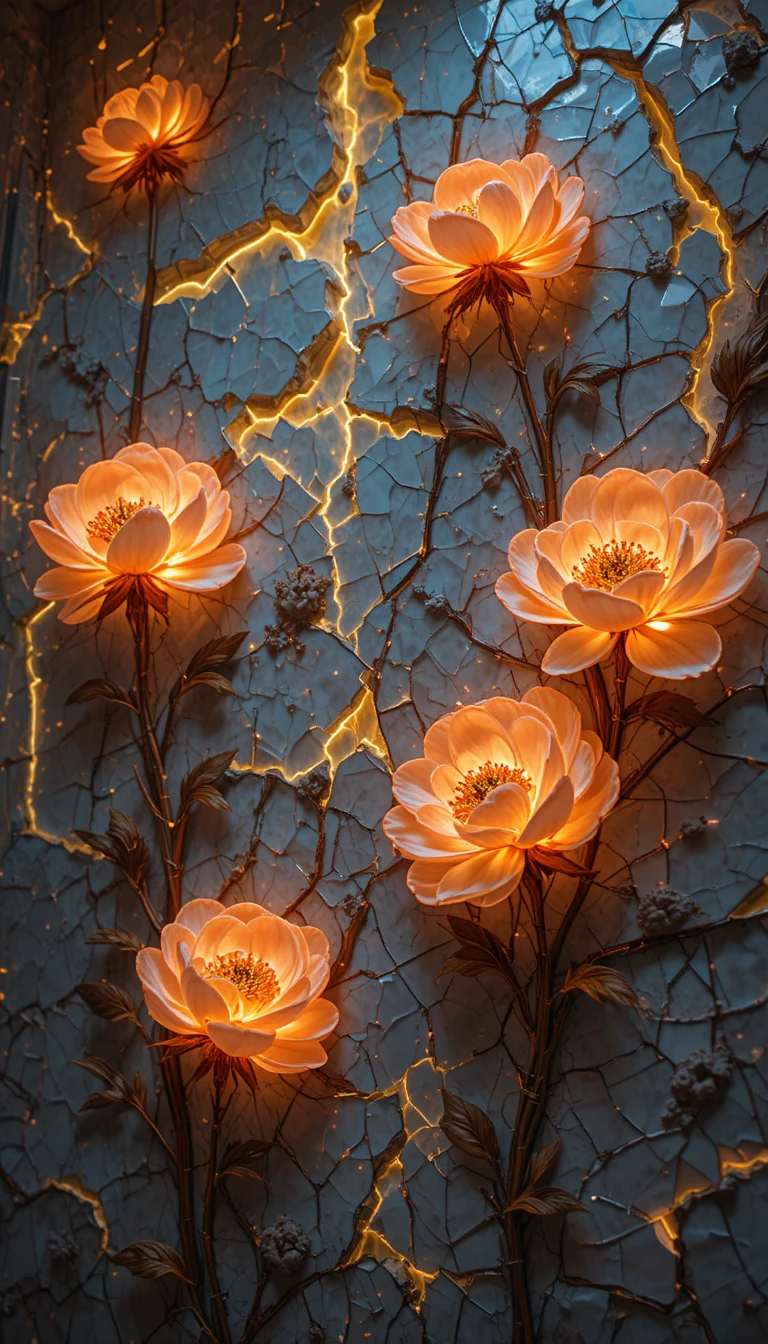 Peonie dorate al neon che crescono da un muro luminoso e crepato
