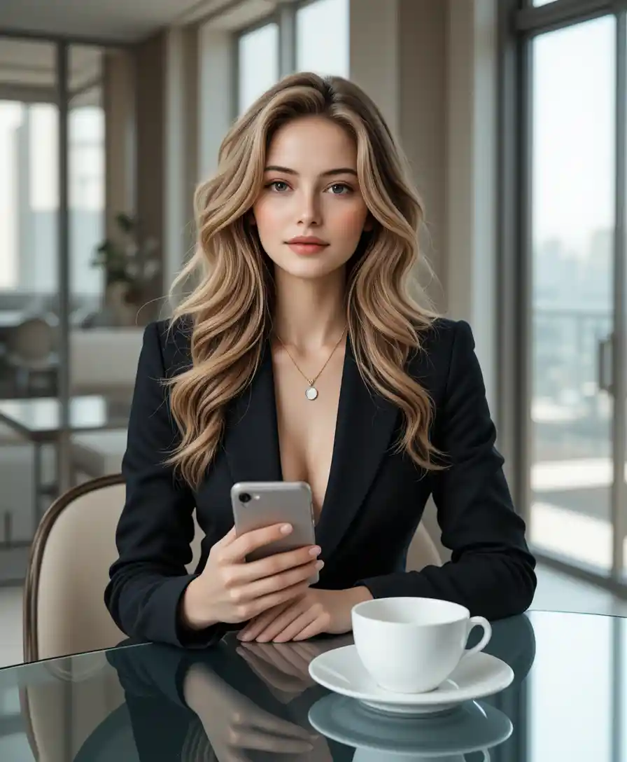Confident woman at glass dining table in modern apartment