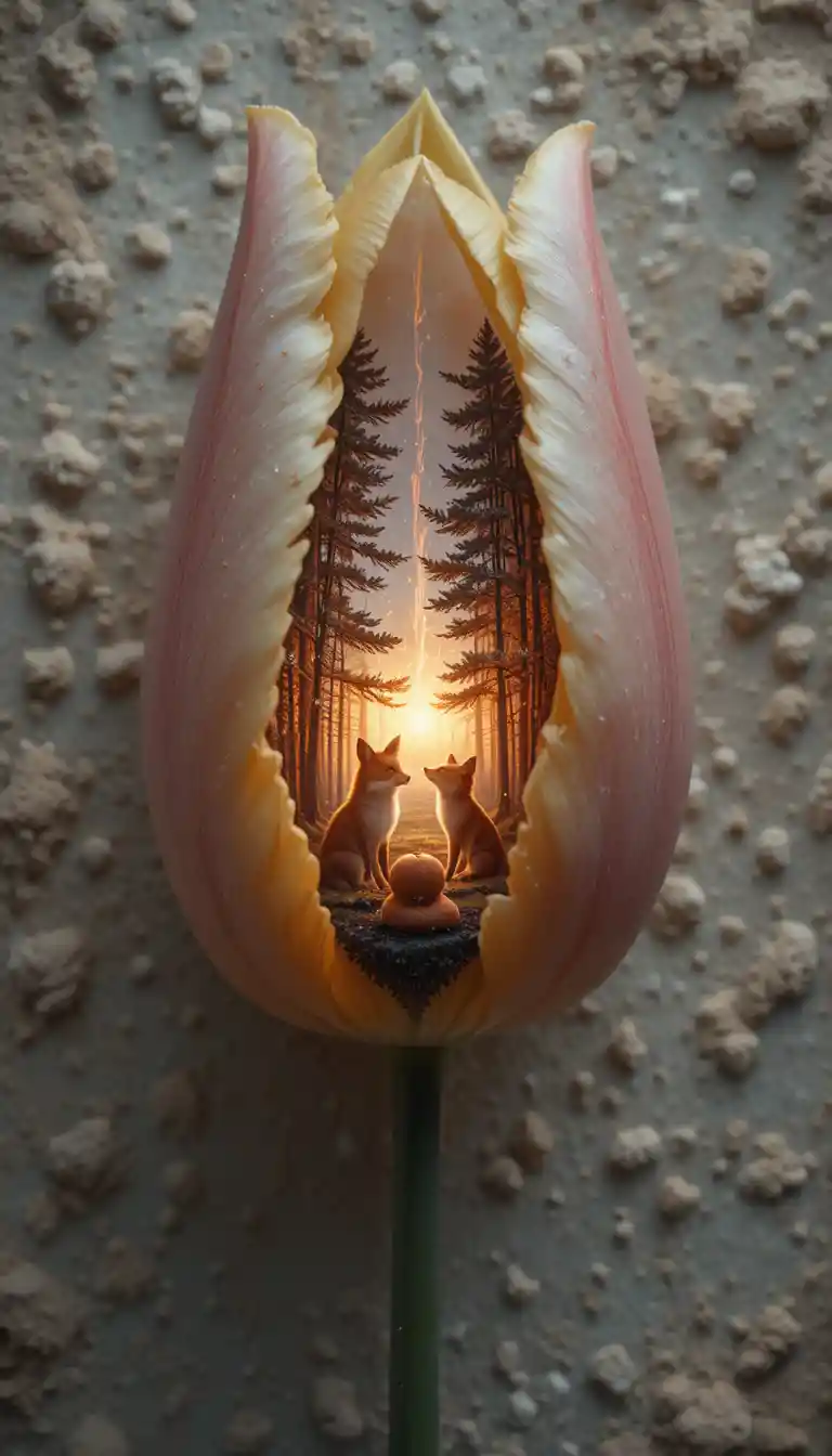 Tatuaje macro de tulipán con escena de bosque surrealista y luminoso