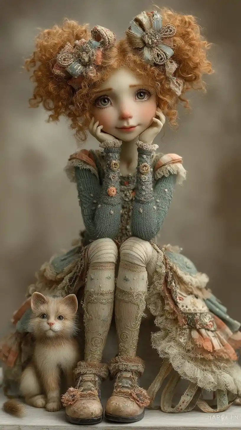 Poupée en porcelaine vintage en robe pastel avec chaton en peluche
