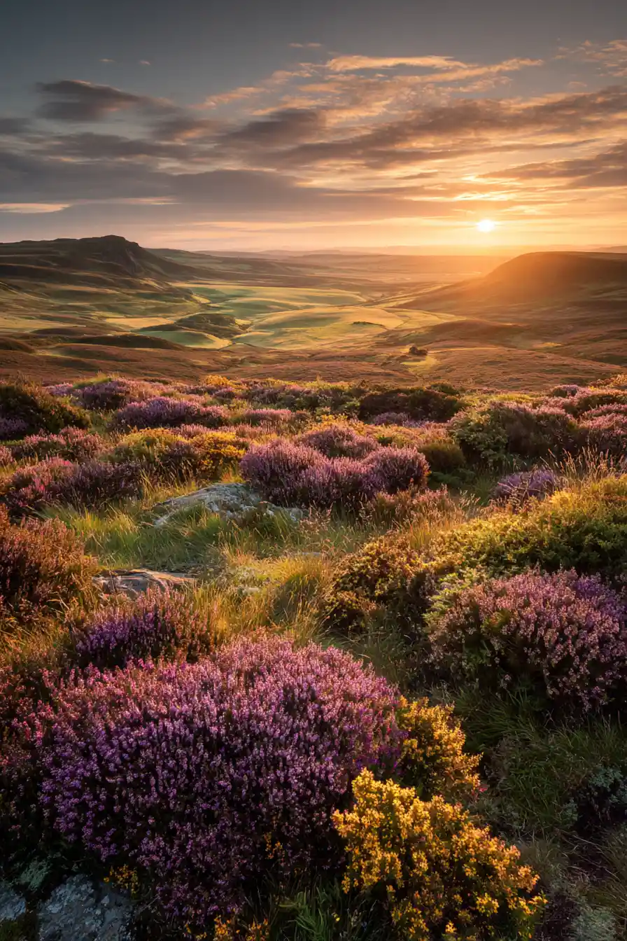 Goldener Sonnenaufgang über farbenreichem schottischem Moorland mit Heidekraut