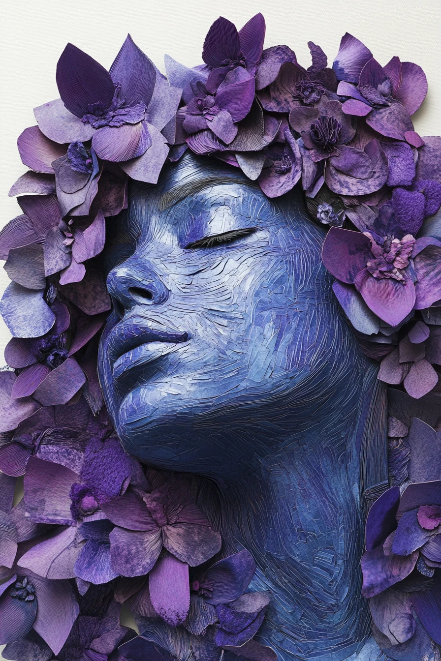 Surreal fashion woman amid sculptural paper on painted canvas