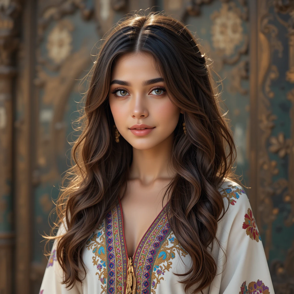 Mujer de Oriente Medio con cabello castaño ondulado con mechas