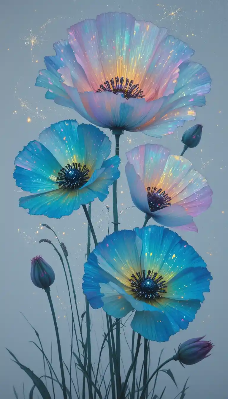 Glowing Impressionist Poppies In Iridescent Abstract Layers