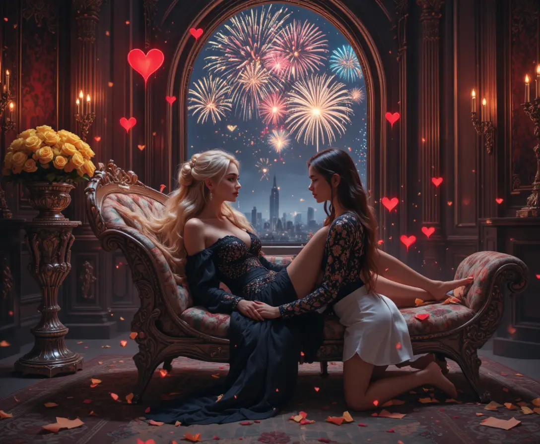 Romantic women on chaise lounge in ornate candlelit room