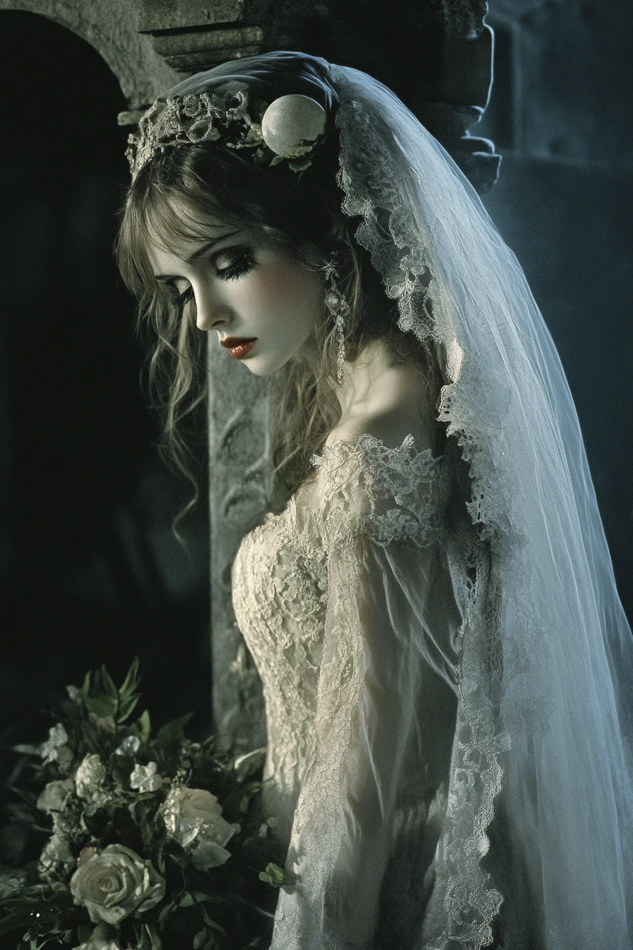 Tattered bride waiting alone in a haunting graveyard