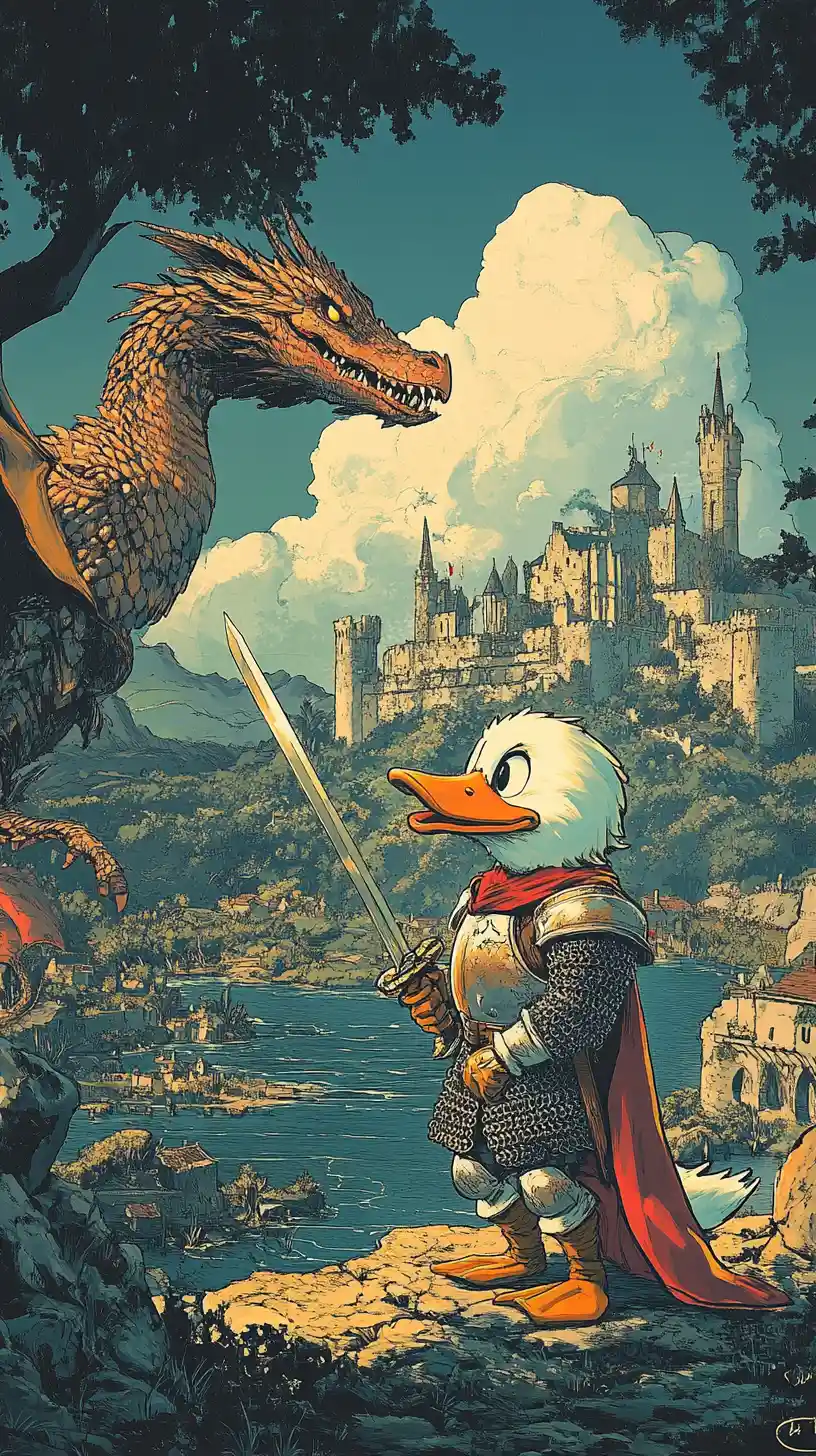 Entenritter gegen Drache in mittelalterlicher Comic-Kampfszene