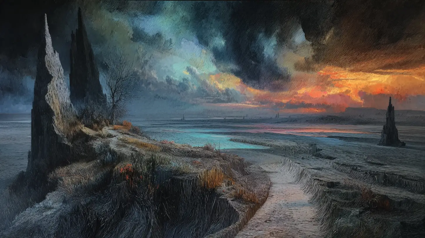 Surreal abstract landscape in mixed media painting style