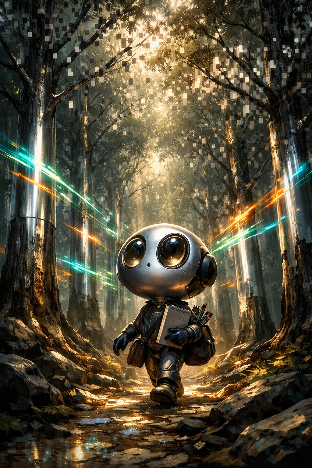 Artiste IA caricaturé marchant dans une forêt surréaliste d’acier