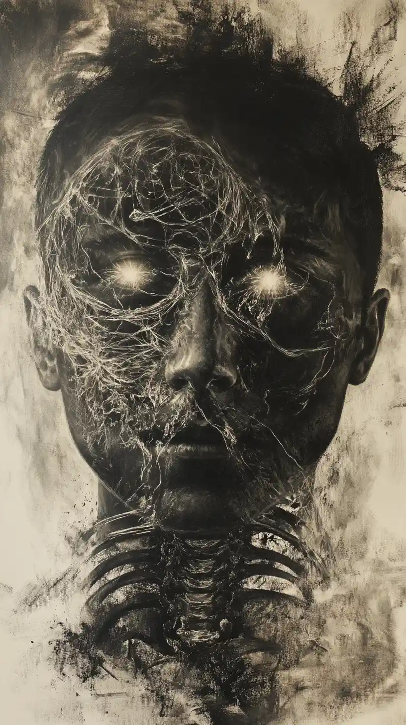 Glowing ribcage silhouette in fiery abstract charcoal art