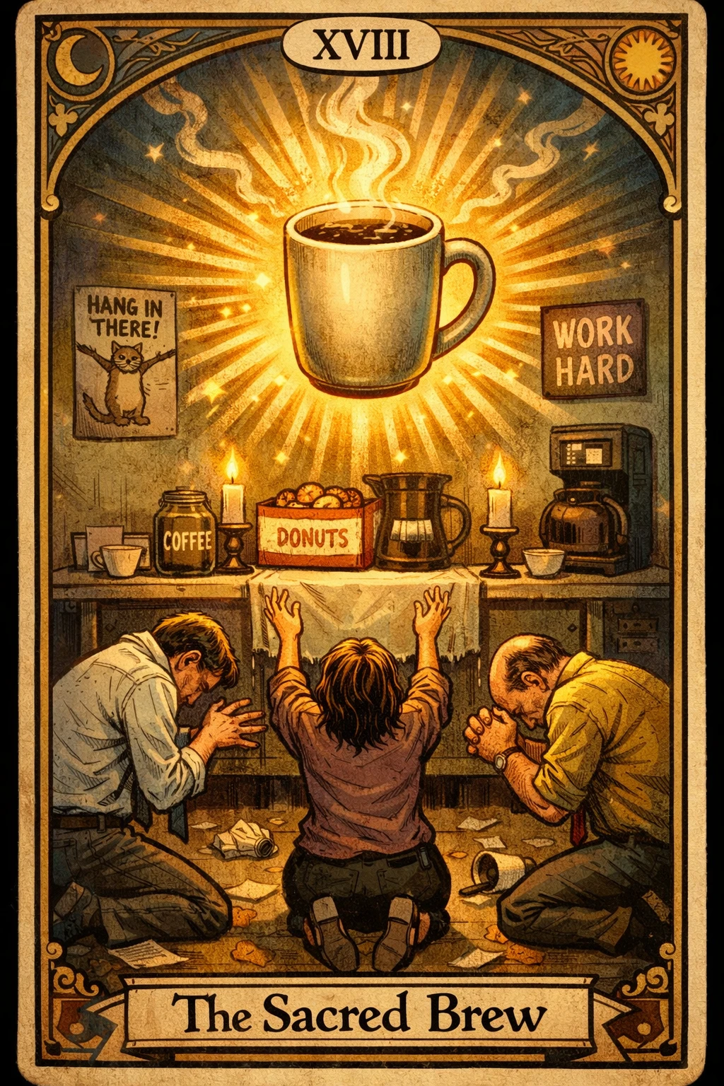 Divertida carta de tarot con altar de café resplandeciente en la sala de descanso