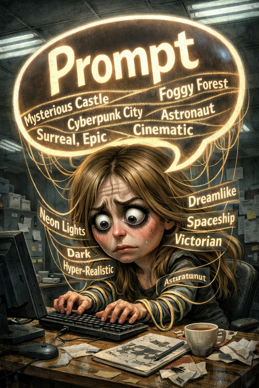 Anxious female artist under a looming prompt bubble