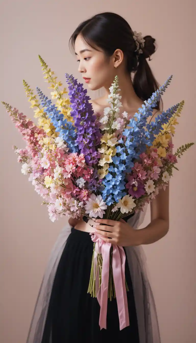 Donna che nasconde il viso dietro un alto bouquet di fiori