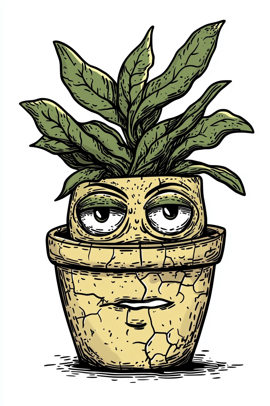 Personaje de planta de interior en maceta estilo caricatura bajo un foco dramático