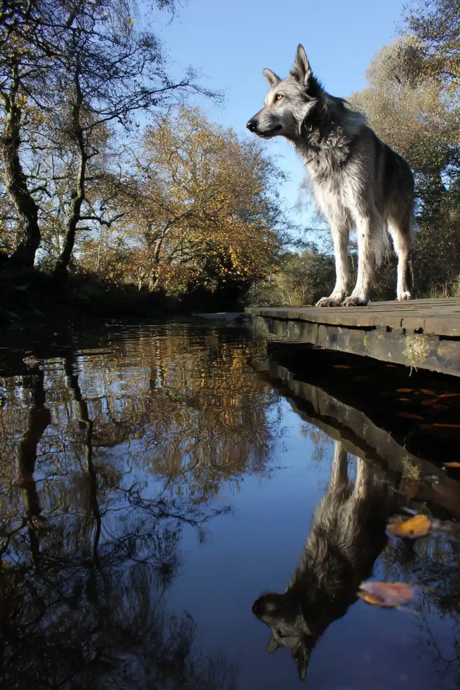 Wolfhound su un ponte di legno in rovina sopra un ruscello autunnale limpido