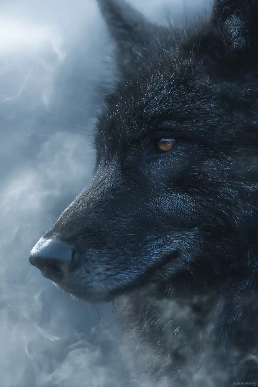 Mystischer schwarzer Wolf aus nächster Nähe mit wirbelndem magischem Nebel