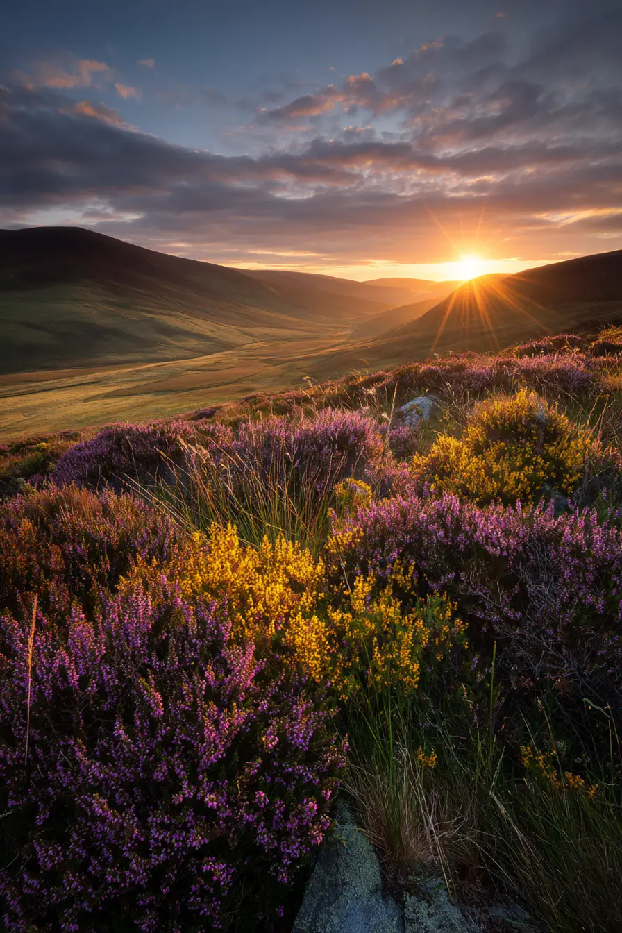 Sunrise Over Scottish Moorland With Heather And Gorse Flowers