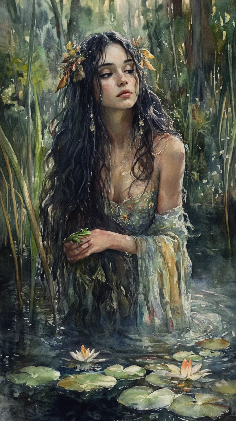 Water nymph rising from a forest pond holding a frog