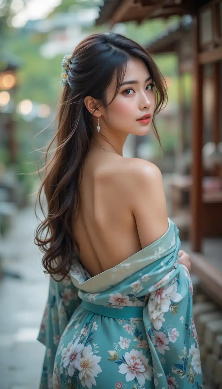 카메라를 응시하는 관능적인 기모노 차림의 아시아 여성