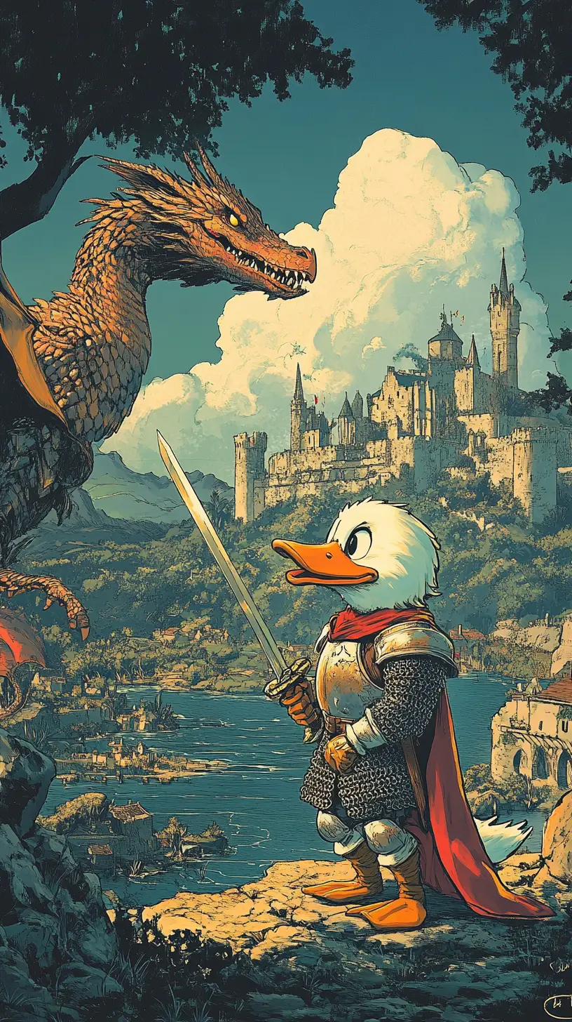 Papero cavaliere contro drago in scena di battaglia medievale a fumetti