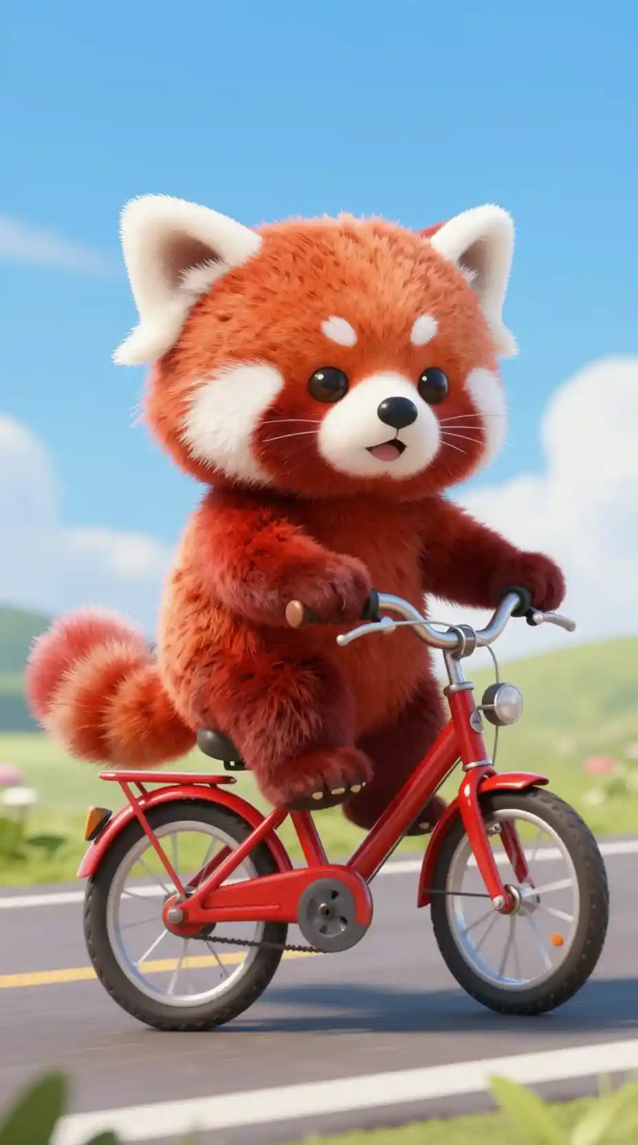 Chibi red panda riding a shiny red bicycle on road
