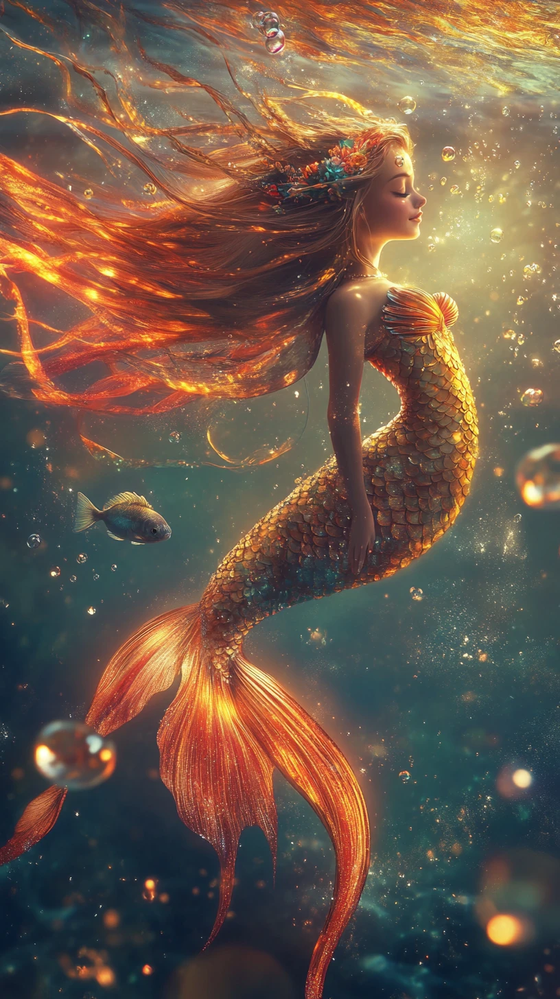 Elegante sirena de fantasía flotando en paz en agua luminosa