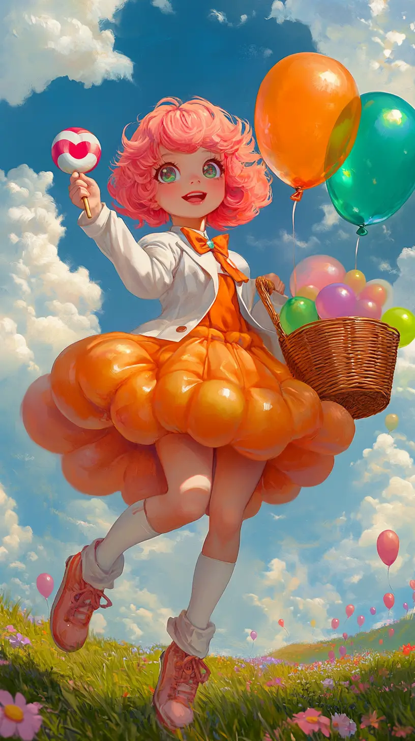 Chibi Candy Girl Hopping With Balloons In Sunny Field