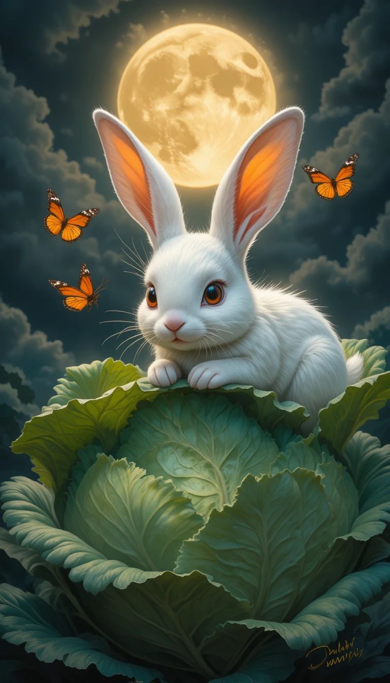 Weißer Hase ruht auf Kohlblatt unter mondbeschienenem Himmel